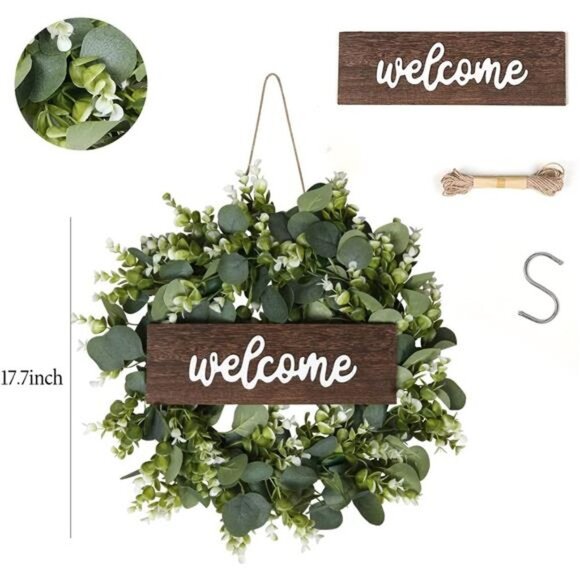 Artificial Eucalyptus Wreath 17.7inch Door Decor Wreath with Wooden Sign Welcome - Picture 5 of 6